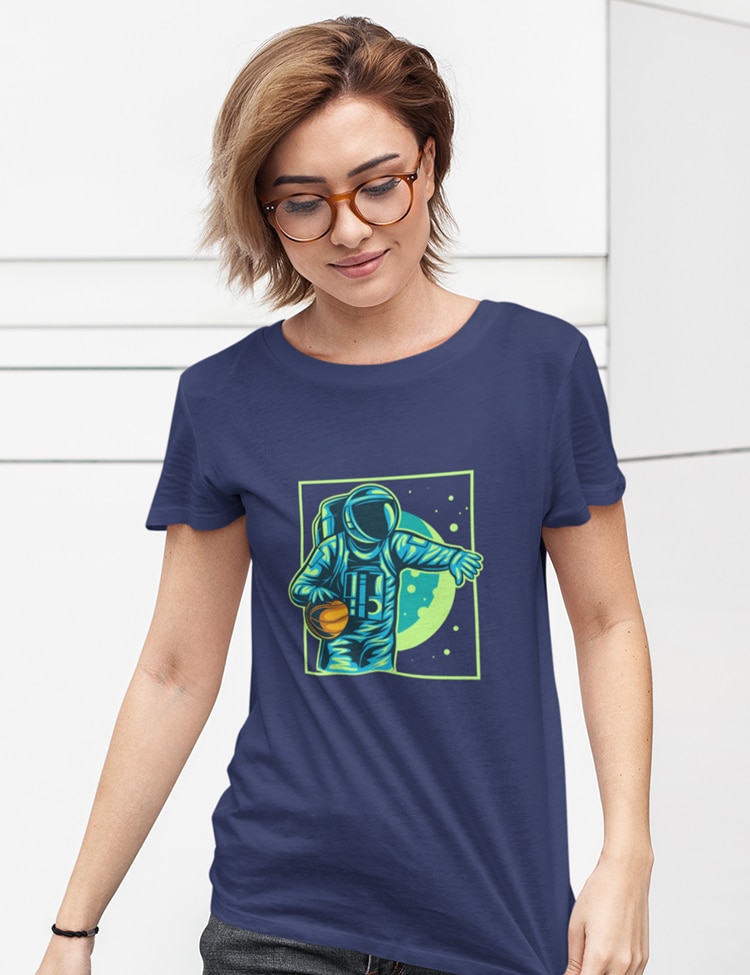 Astronaut Playing Basketball Round Neck Half Sleeves T-Shirt For